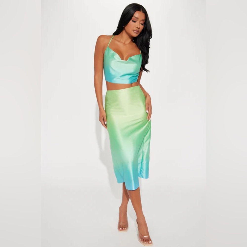 Blue green ombré sunset slip satin skirt set 1X | vacation resort party dinner